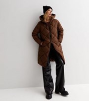 New Look Dark Brown Diamond Quilted Long Line Hooded Puffer Coat